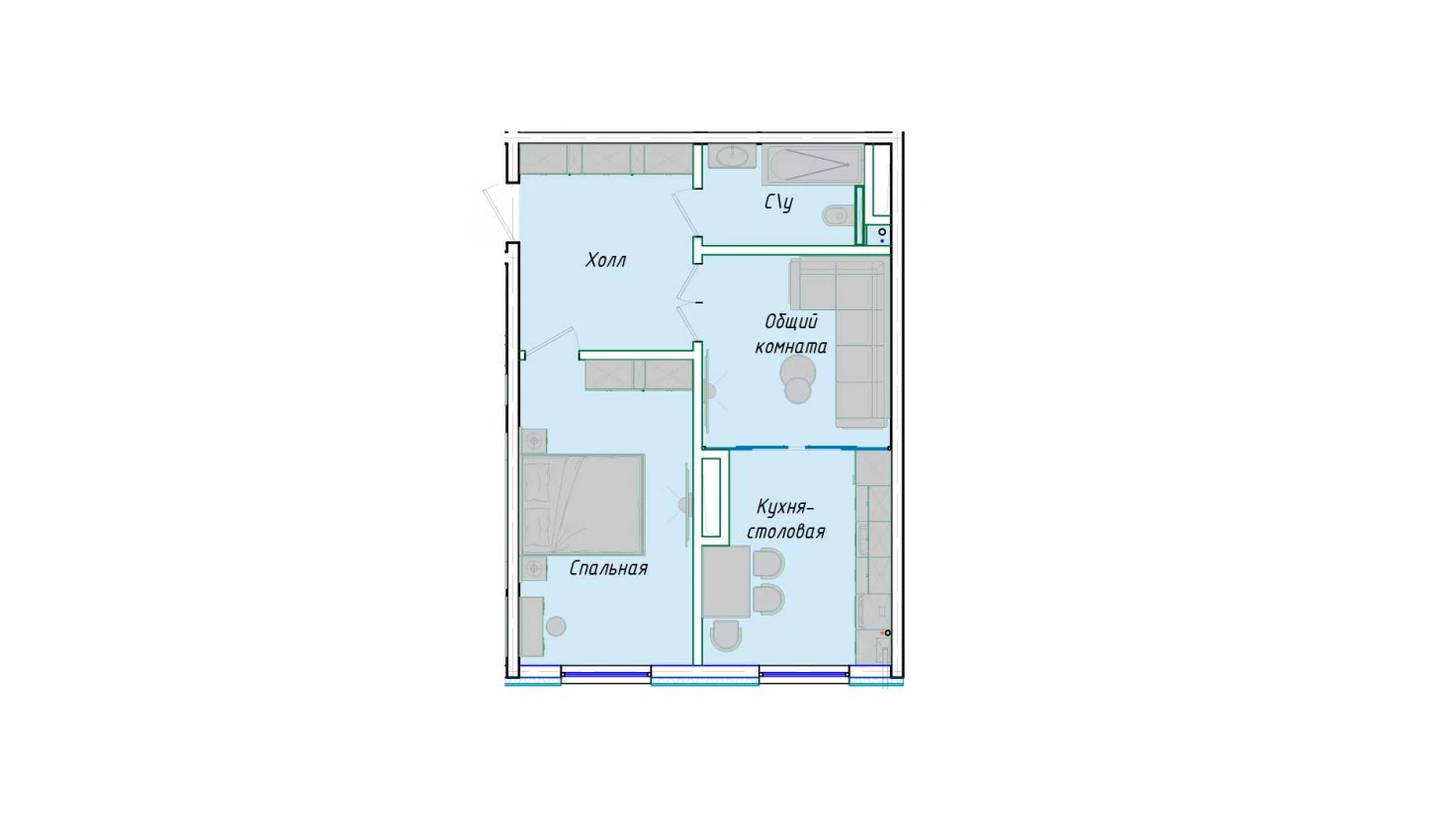 2-комнатная квартира 50.85 м²  1/1 этаж