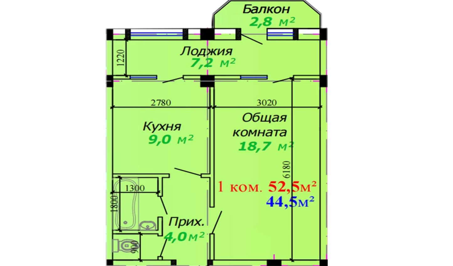 1-комнатная квартира 52.5 м²  2/2 этаж