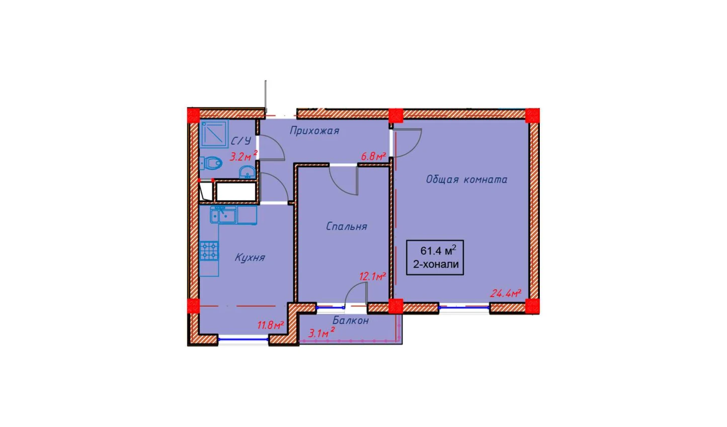 2-комнатная квартира 61.4 м²  7/7 этаж