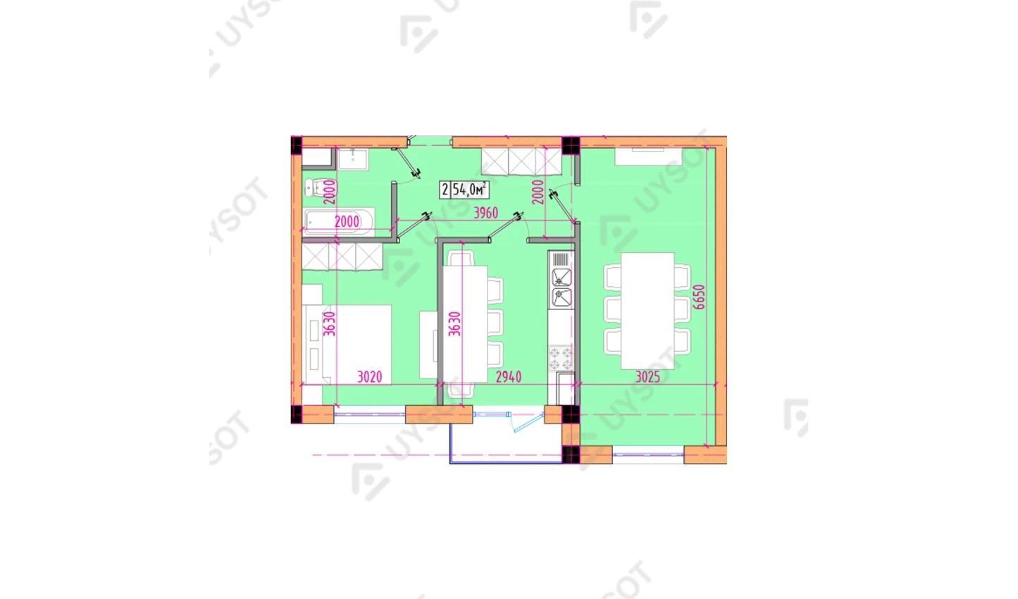 2-комнатная квартира 54 м²  12/12 этаж