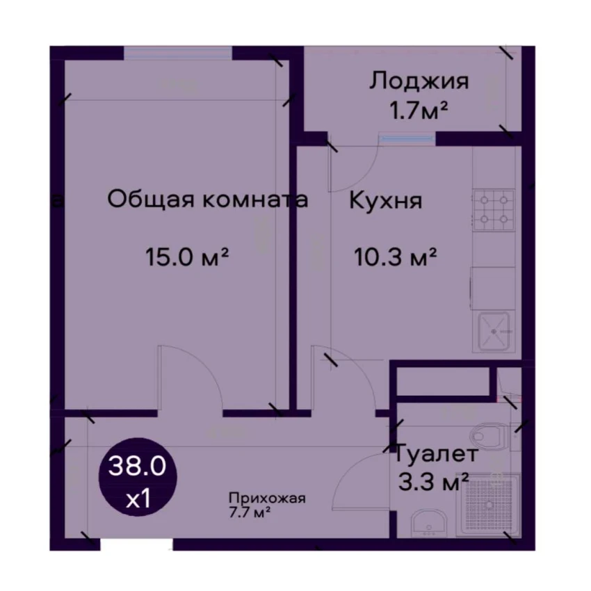 1-комнатная квартира 38 м²  9/9 этаж