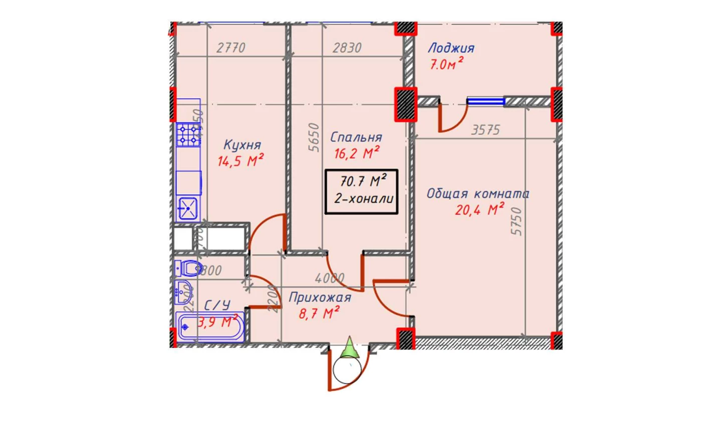 2-xonali xonadon 70.7 m²  16/16 qavat