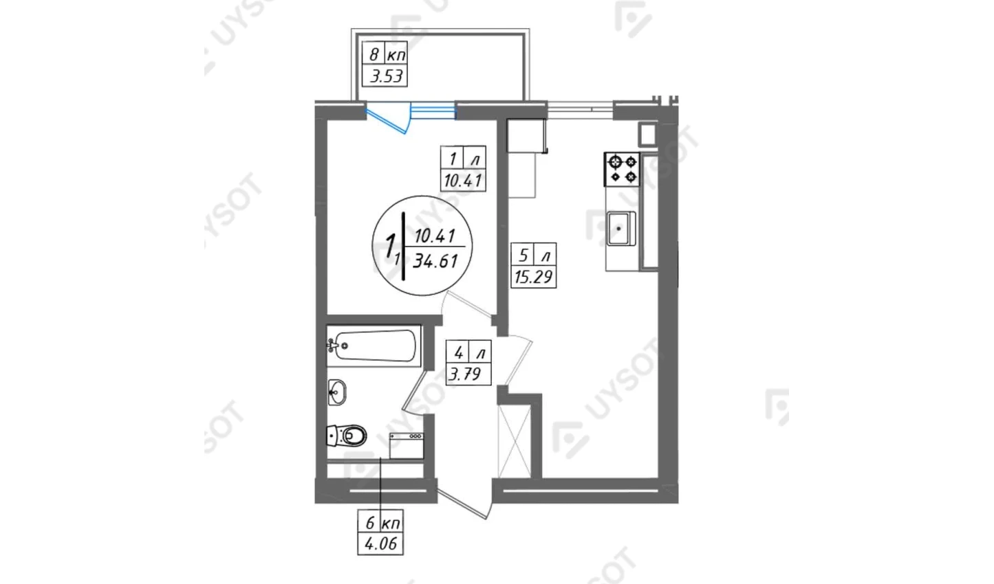 1-комнатная квартира 34.61 м²  5/5 этаж