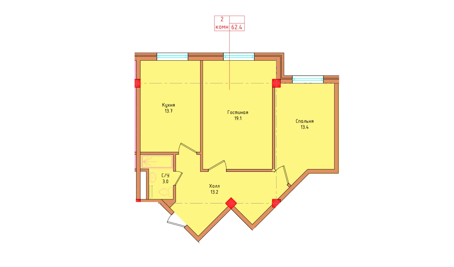 2-комнатная квартира 62.4 м²  1/1 этаж