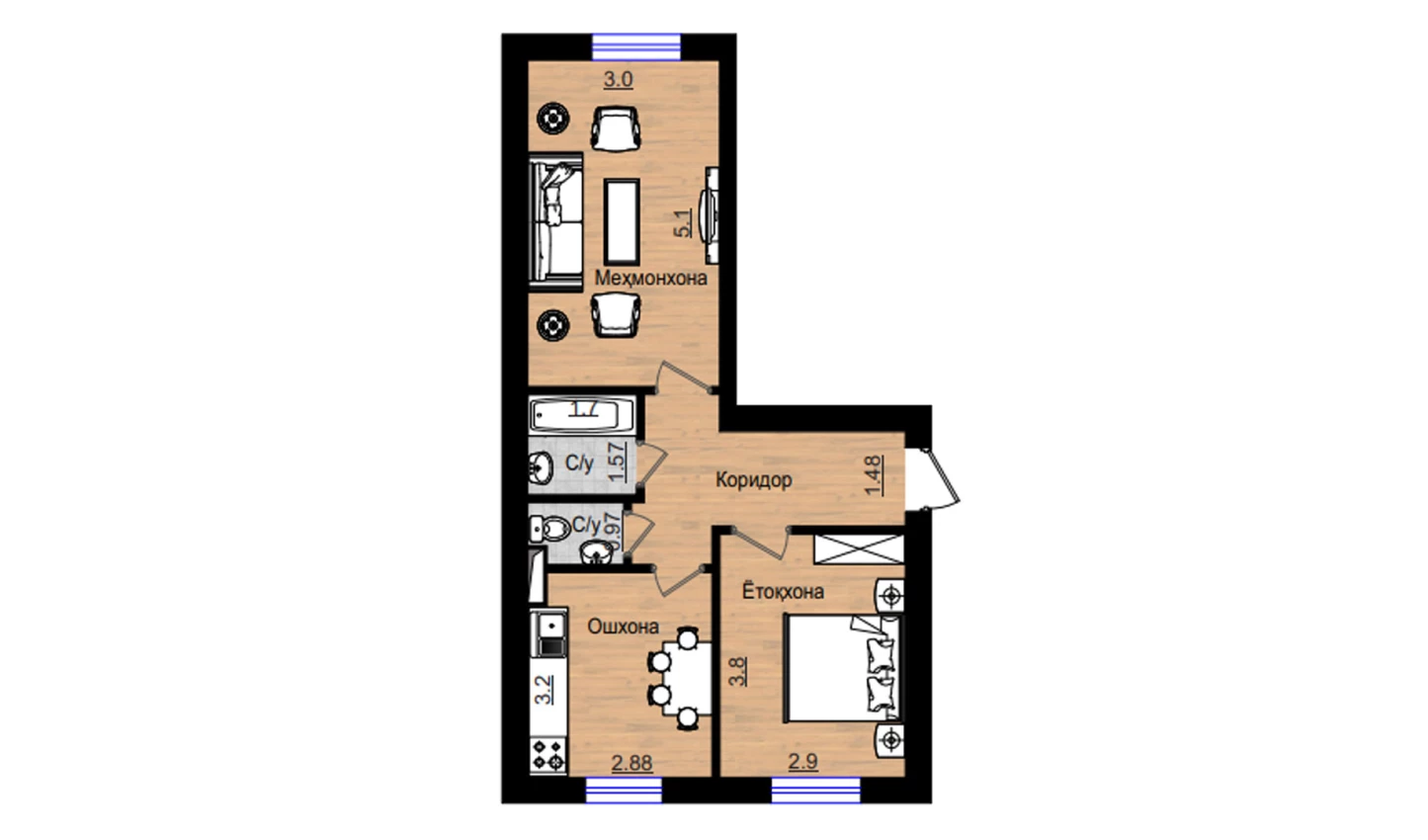 2-комнатная квартира 52.82 м²  1/1 этаж