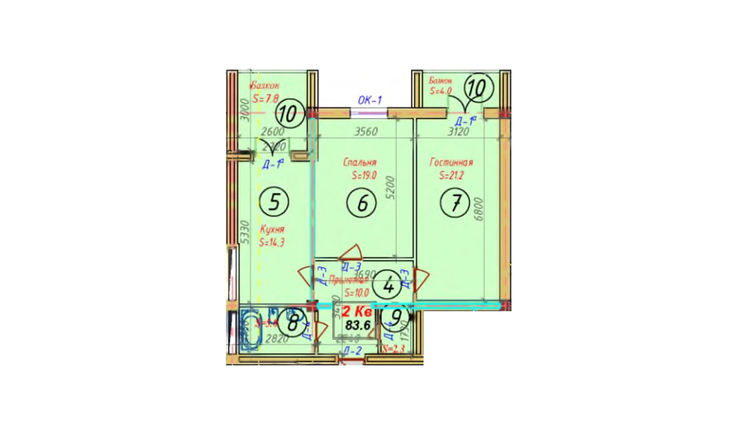 2-xonali xonadon 83.6 m²  4/4 qavat