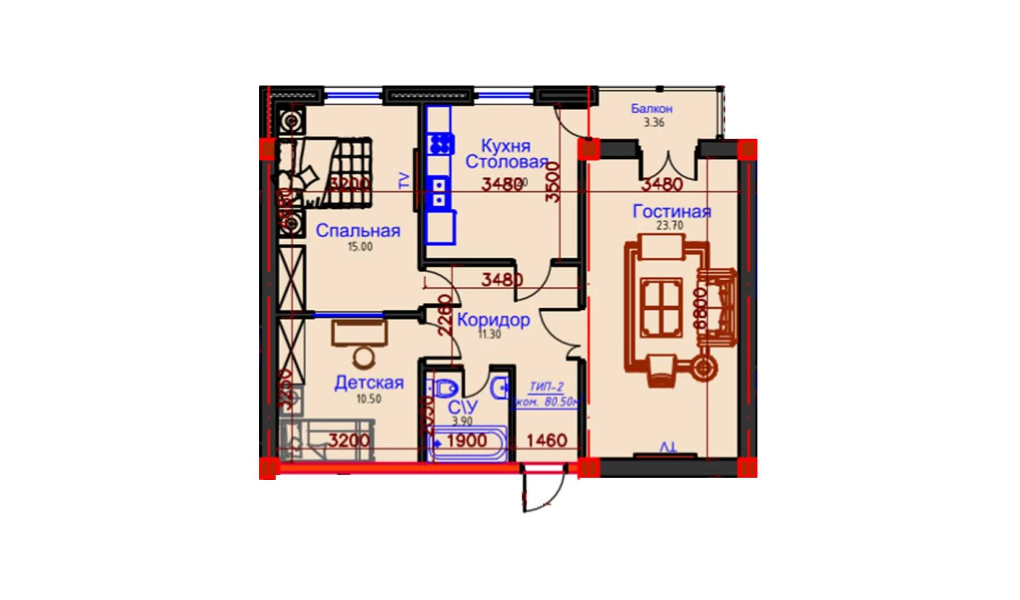 3-xonali xonadon 80.5 m²  9/9 qavat