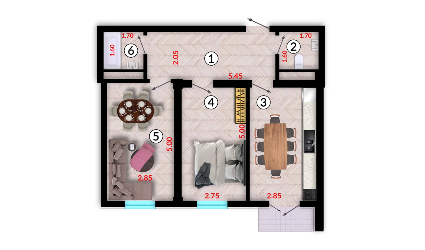 2-комнатная квартира 61.2 м²  5/5 этаж