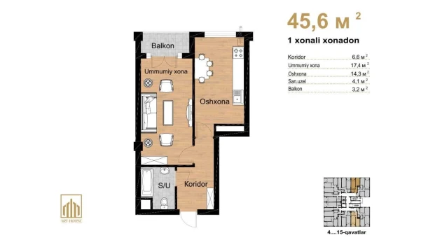 1-xonali xonadon 45.6 m²  13/16 qavat | Musaffo Turar-joy majmuasi