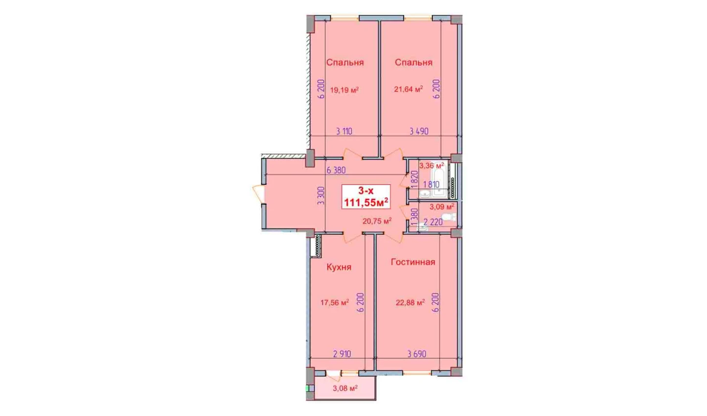 3-комнатная квартира 111.55 м²  3/3 этаж