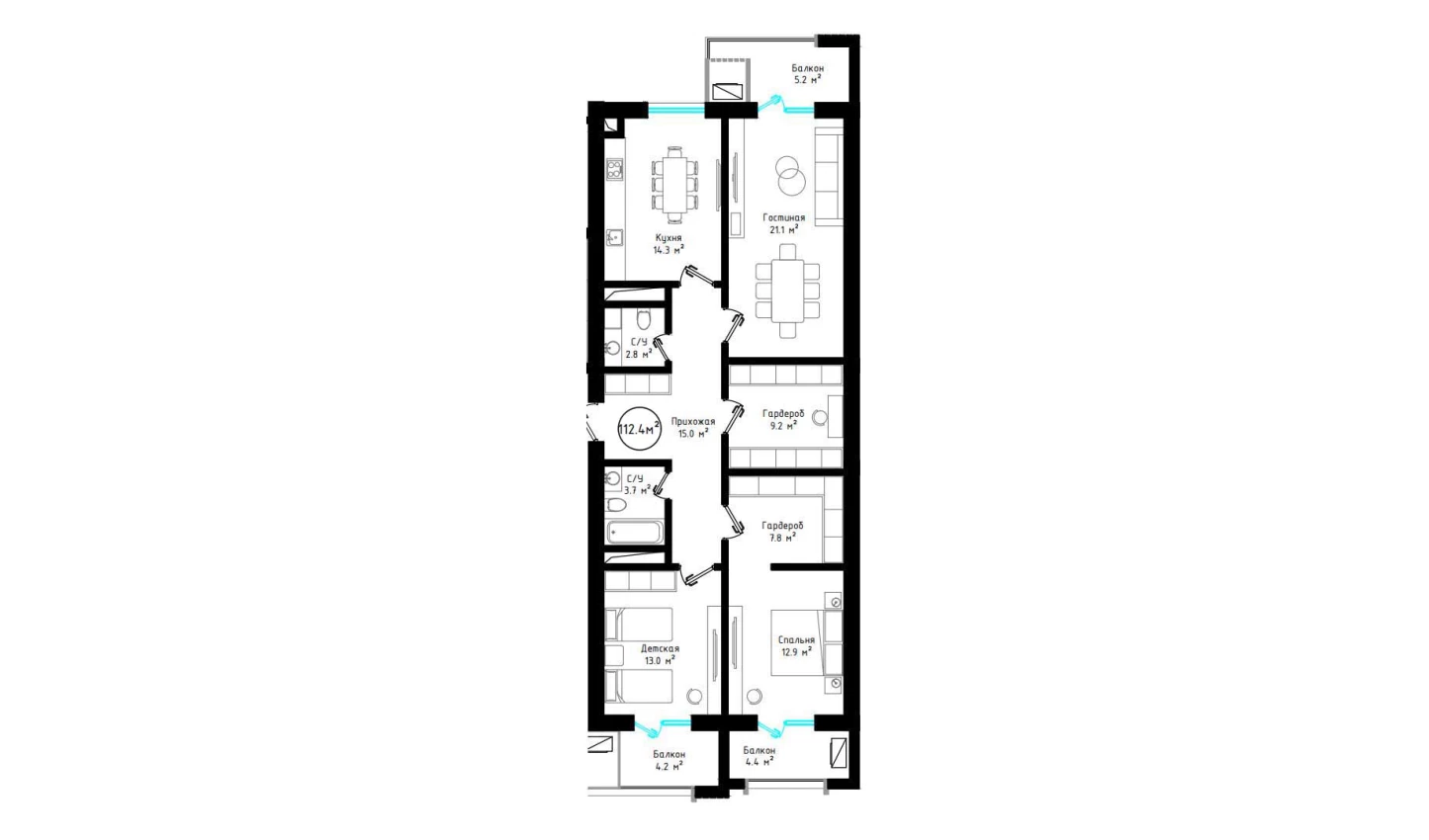 3-xonali xonadon 112.4 m²  6/6 qavat