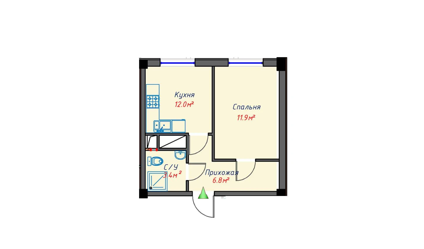 1-xonali xonadon 34.1 m²  0/0 qavat