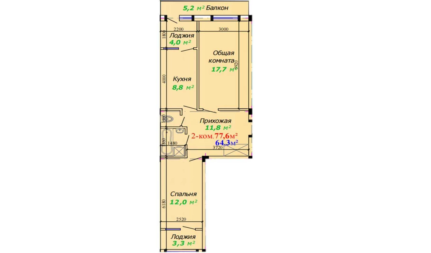 2-xonali xonadon 77.6 m²  3/3 qavat