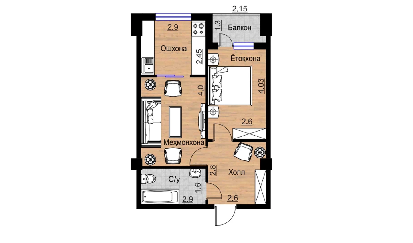 2-комнатная квартира 49.3 м²  7/7 этаж