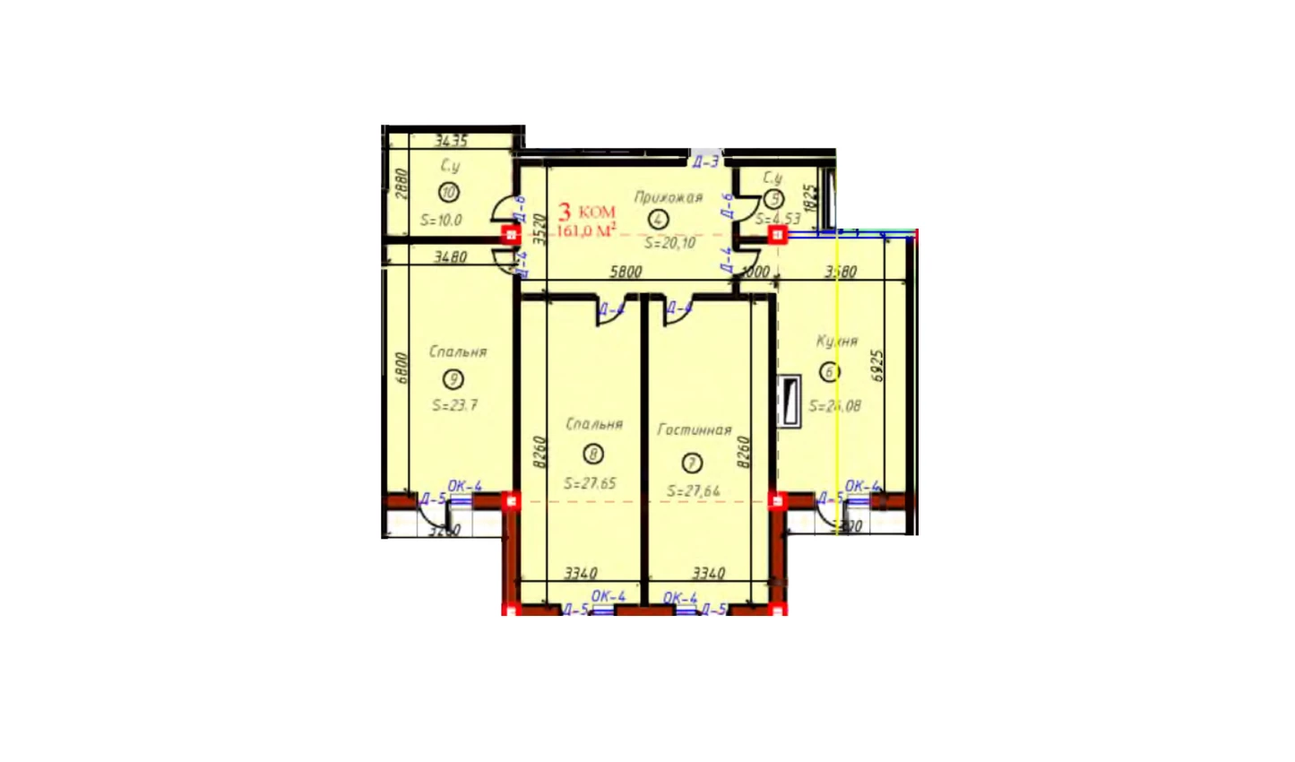 3-комнатная квартира 161 м²  7/7 этаж