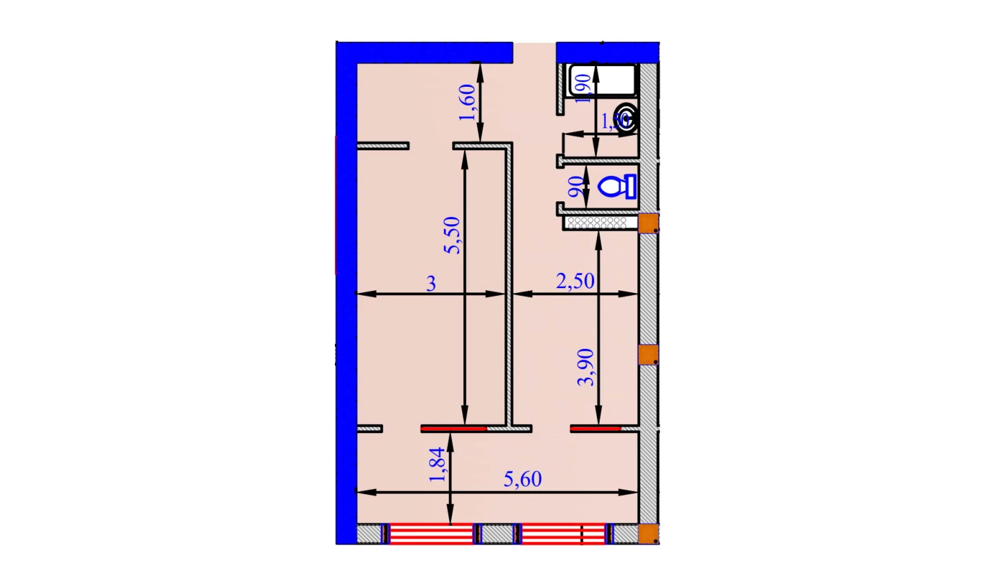 1-xonali xonadon 57.4 m²  6/6 qavat