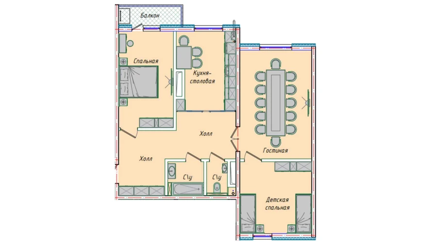 3-комнатная квартира 91.34 м²  14/14 этаж