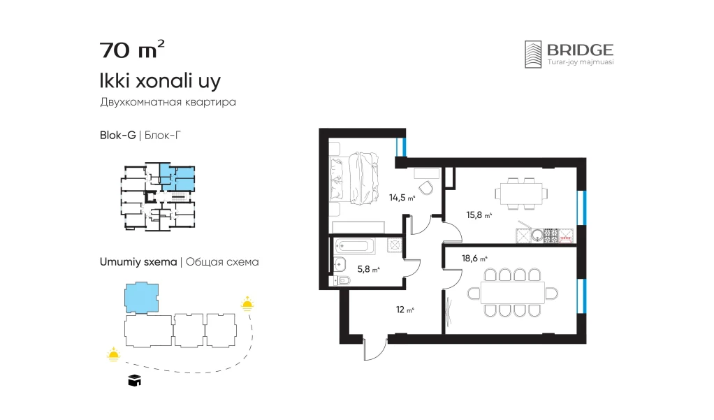 2-xonali xonadon 70 m²  8/8 qavat