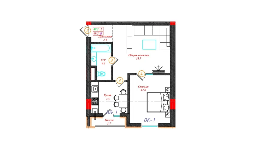 2-xonali xonadon 49.2 m²  6/12 qavat | CHINARA PARK Turar-joy majmuasi