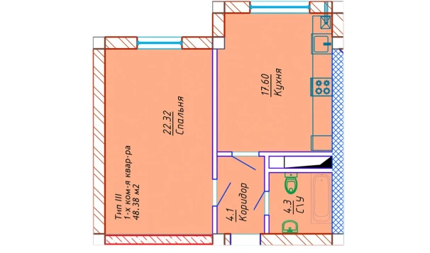 1-xonali xonadon 48.38 m²  2/10 qavat | Samarqand Park Avenue Turar-joy majmuasi