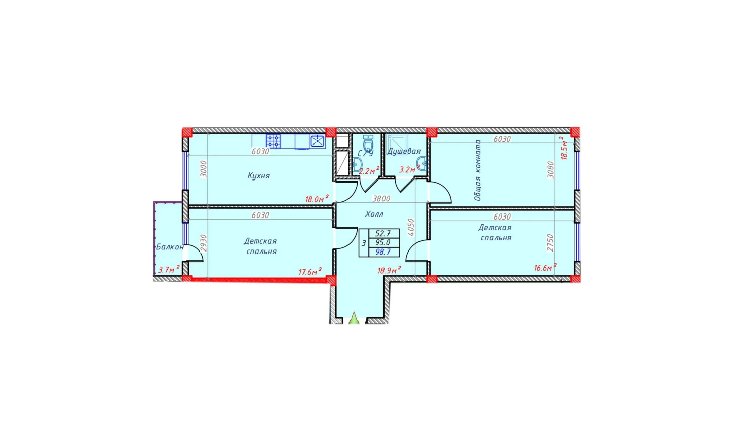 3-xonali xonadon 98.7 m²  6/6 qavat