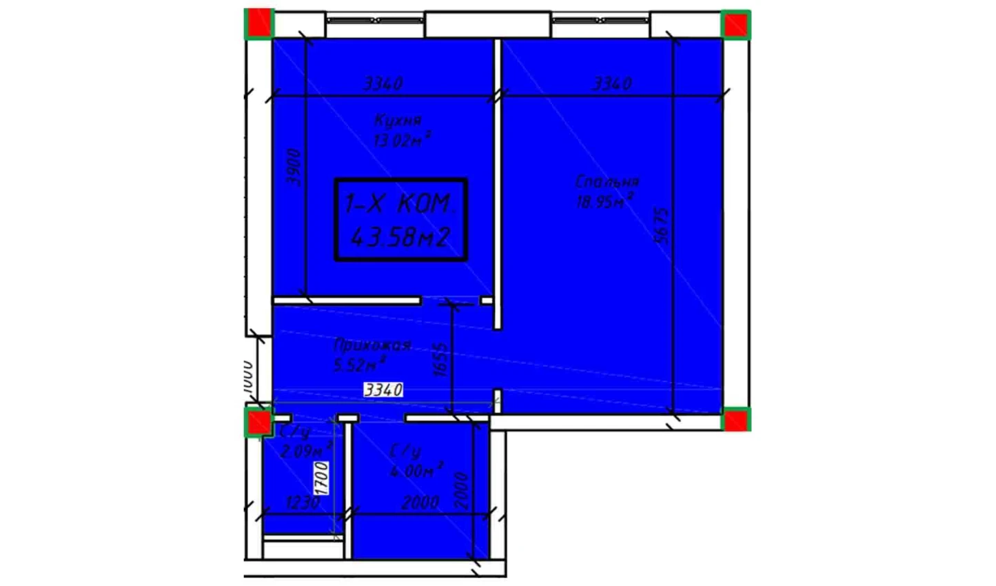 1-комнатная квартира 43.58 м²  3/3 этаж