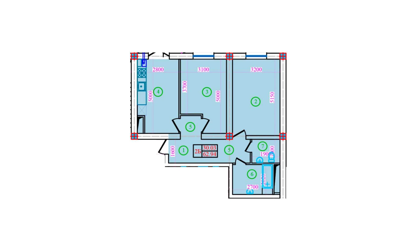 2-xonali xonadon 62.94 m²  4/4 qavat