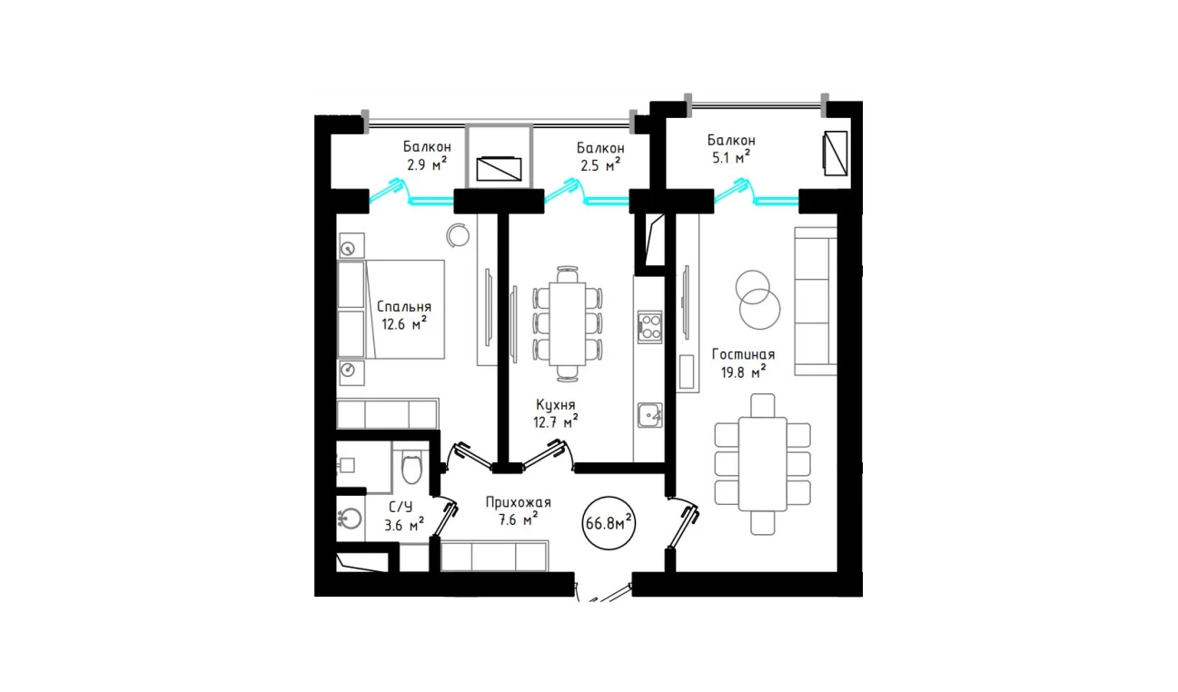 2-xonali xonadon 66.8 m²  8/8 qavat