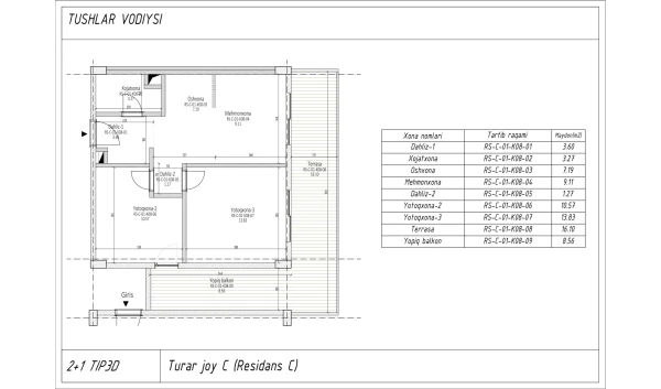 3-комнатная квартира 57.95 м²  1/7 этаж | Жилой комплекс TUSHLAR VODIYSI