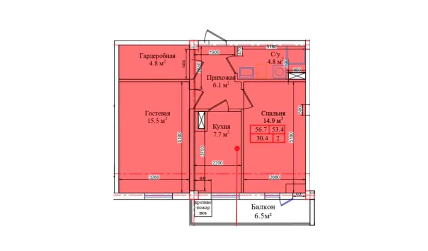 2-комнатная квартира 56.7 м²  6/9 этаж | Жилой комплекс CHIRCHIQ CITY