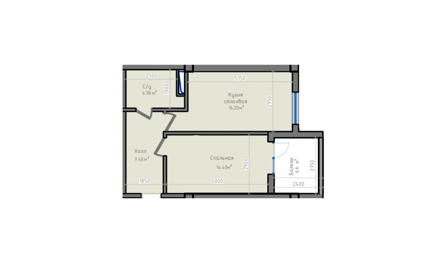 1-комнатная квартира 46 м²  6/6 этаж