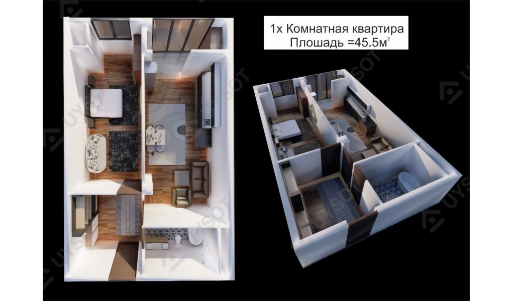 1-комнатная квартира 45.5 м²  8/8 этаж