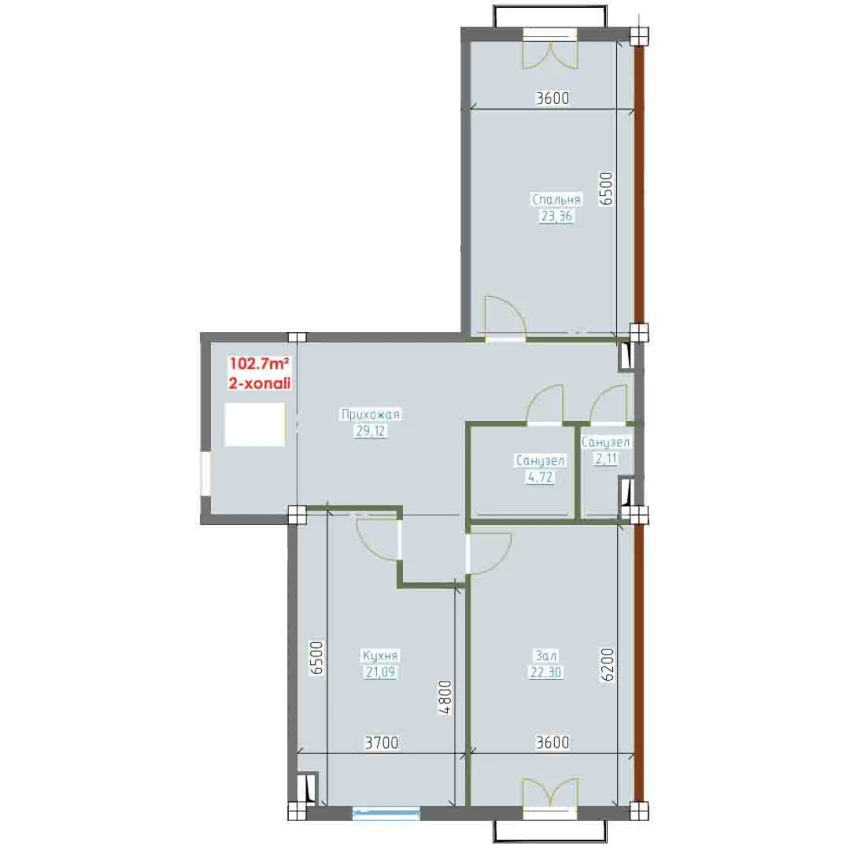 2-xonali xonadon 102.7 m²  3/9 qavat | YANGI AVLOD Turar-joy majmuasi