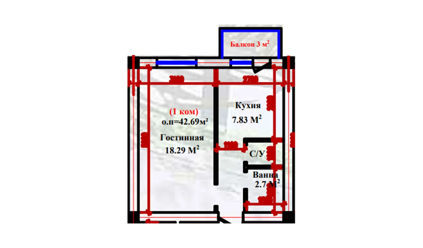 1-xonali xonadon 42.69 m²  1/1 qavat