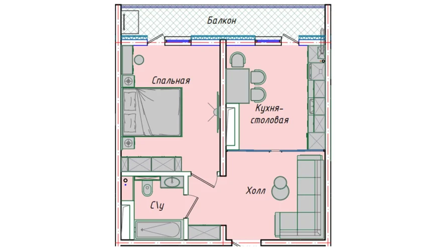 1-комнатная квартира 43.98 м²  9/9 этаж