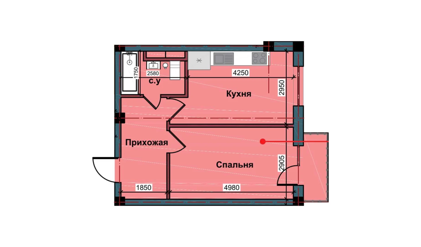 1-комнатная квартира 44.2 м²  5/5 этаж