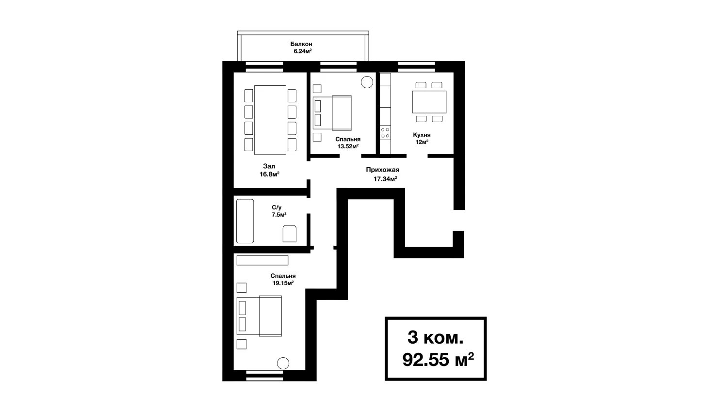 3-xonali xonadon 86.31 m²  3/3 qavat