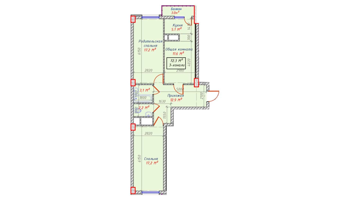 3-комнатная квартира 72.3 м²  13/13 этаж