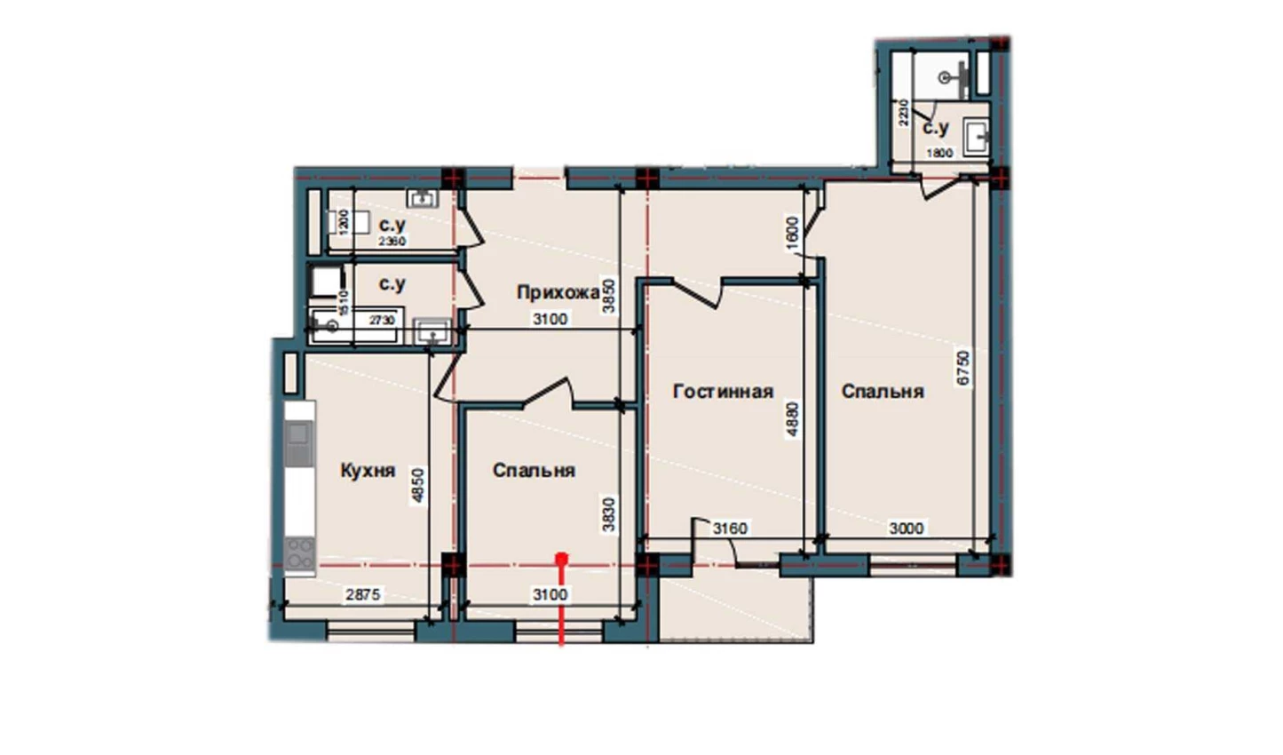 3-комнатная квартира 98.4 м²  10/10 этаж