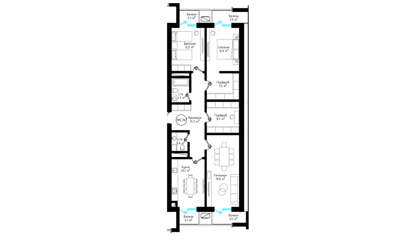 3-xonali xonadon 105.7 m²  2/2 qavat