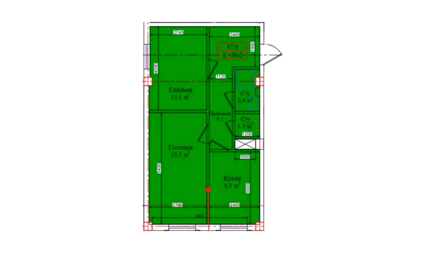 2-комнатная квартира 47.6 м²  1/1 этаж