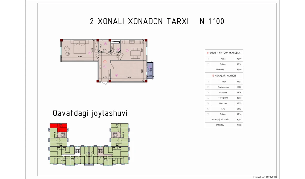 2-xonali xonadon 73.88 m²  6/6 qavat