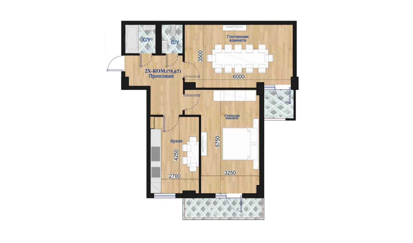 2-комнатная квартира 75.67 м²  6/6 этаж