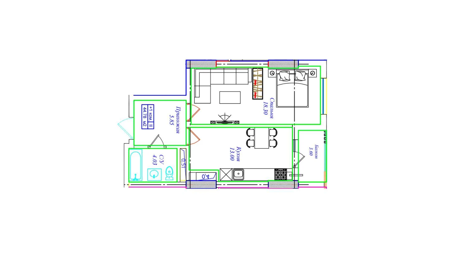 1-комнатная квартира 44.78 м²  6/6 этаж