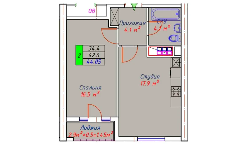 2-xonali xonadon 44.05 m²  9/30 qavat | ECO TOWER Turar-joy majmuasi