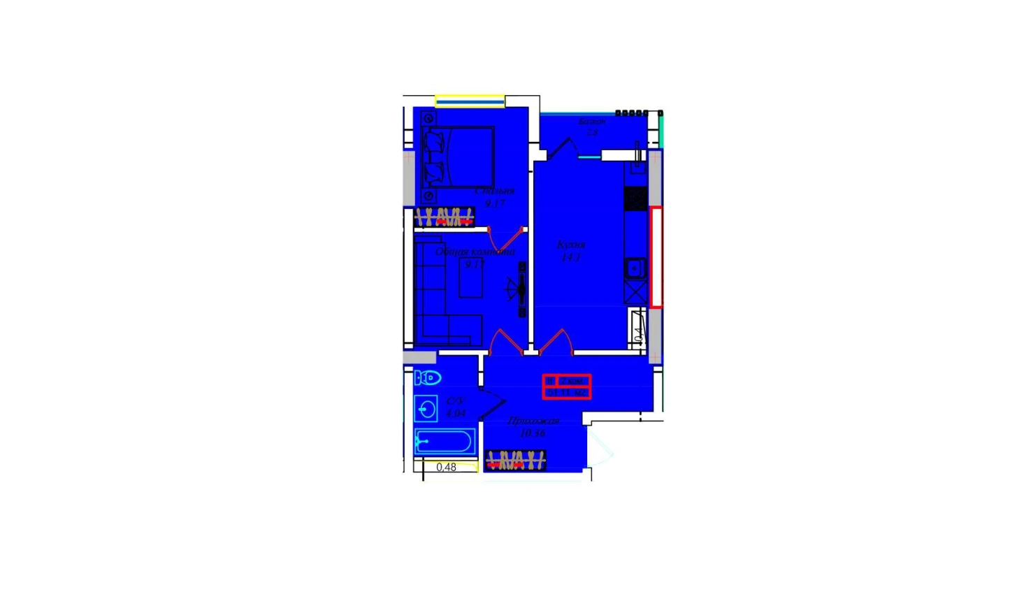 1-xonali xonadon 49.9 m²  7/7 qavat