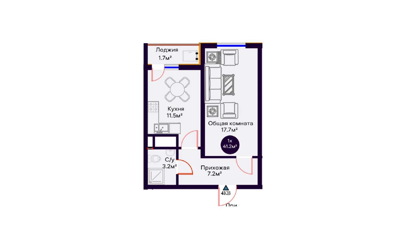 1-комнатная квартира 41.2 м²  4/4 этаж