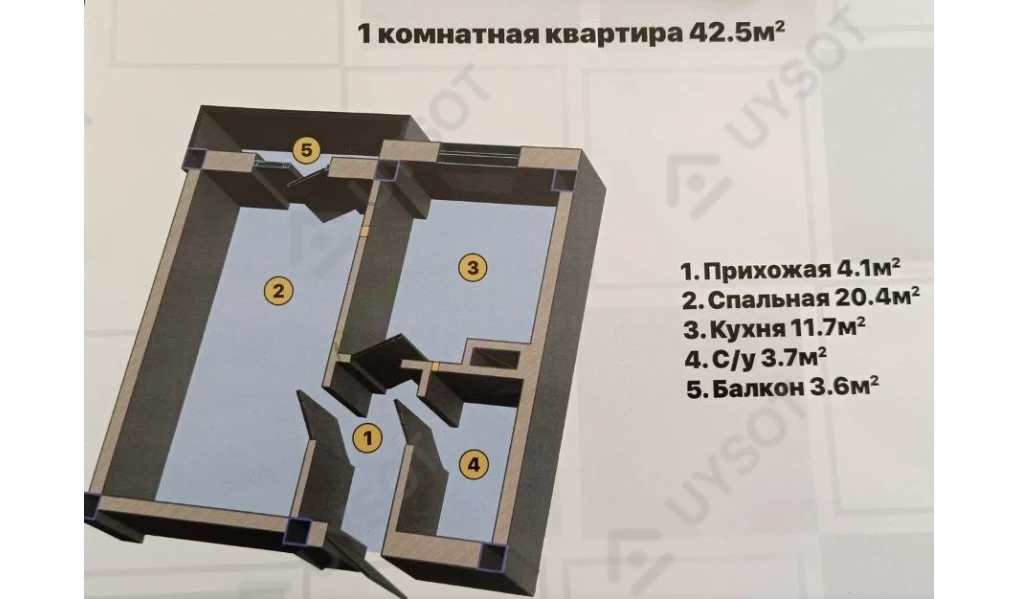 1-xonali xonadon 42.5 m²  2/2 qavat