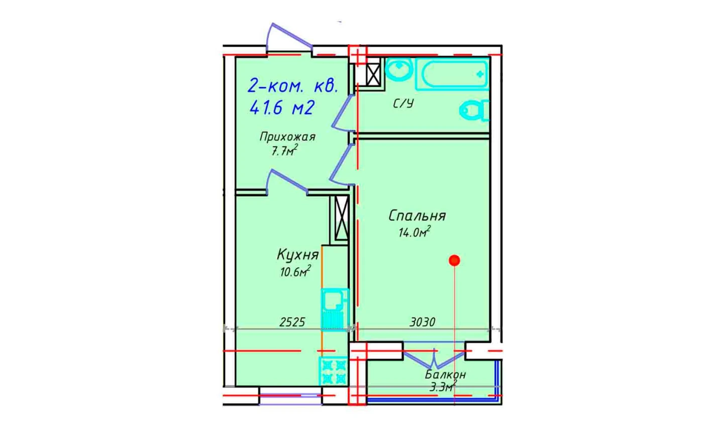 1-xonali xonadon 41.6 m²  2/2 qavat