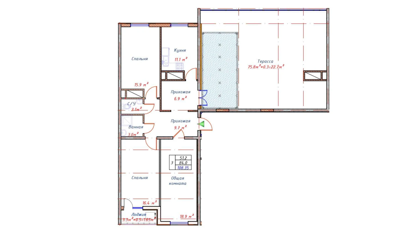 3-комнатная квартира 84 м²  16/16 этаж